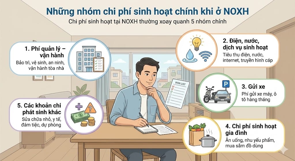 Những nhóm chi phí sinh hoạt chính khi ở NOXH Ảnh minh hoạ Những nhóm chi phí sinh hoạt chính khi ở NOXH Ảnh minh hoạ