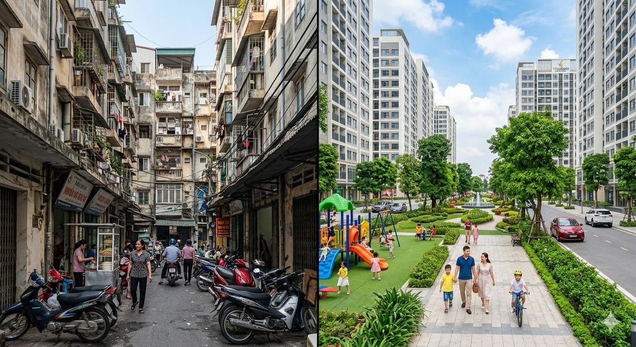 Hình ảnh minh họa sự khác nhau giữa những căn NOXH cũ và mới hiện đại của Vinhomes