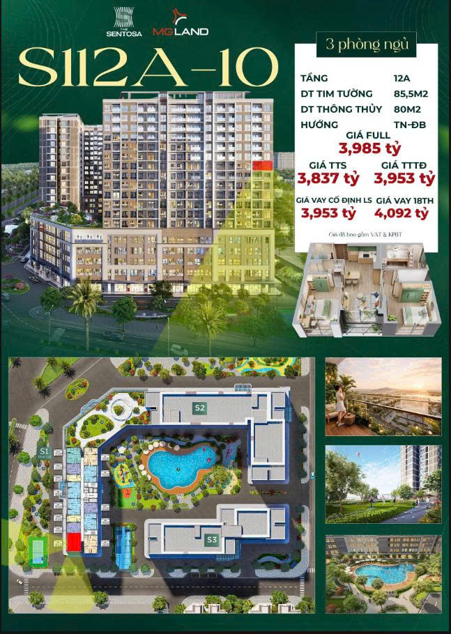 Căn góc 3 phòng ngủ The Sentosa với tài chính hơn 1 tỷ